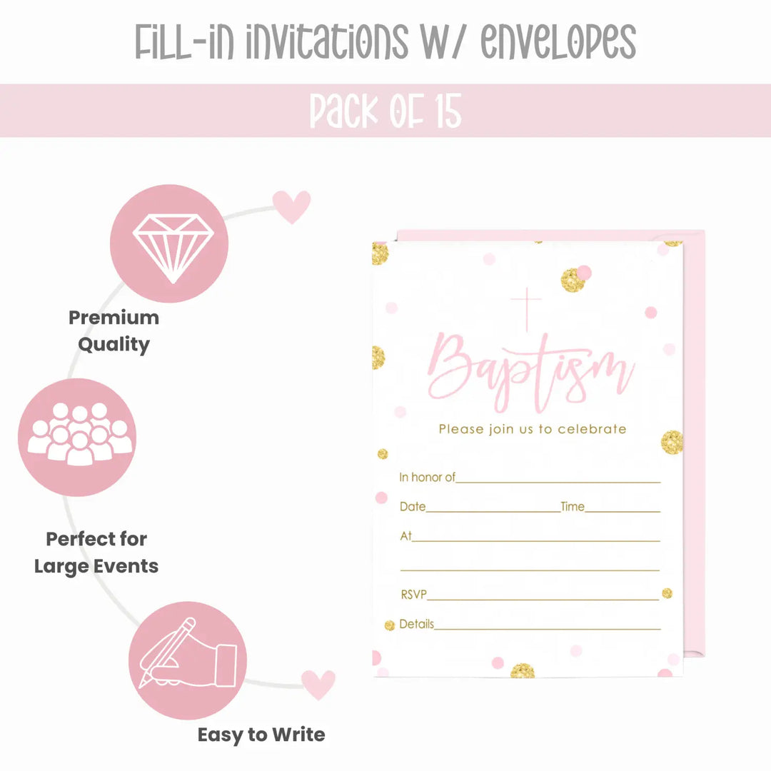 Girls Baptism Invitation with Envelopes (15 Pack) - Paper Clever Party