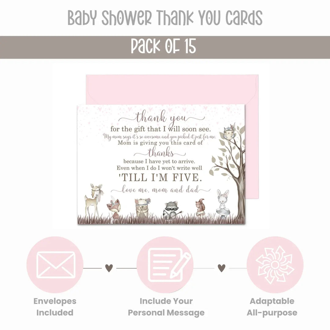 Girls Woodland Baby Shower Thank You Cards - 15 Pack Boho Chic Notecards with Pink Envelopes, 4x6 - Paper Clever Party