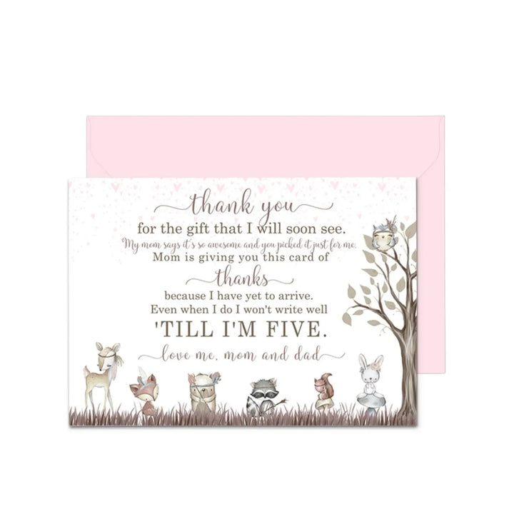 Girls Woodland Baby Shower Thank You Cards - 15 Pack Boho Chic Notecards with Pink Envelopes, 4x6 - Paper Clever Party