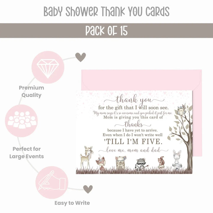 Girls Woodland Baby Shower Thank You Cards - 15 Pack Boho Chic Notecards with Pink Envelopes, 4x6 - Paper Clever Party