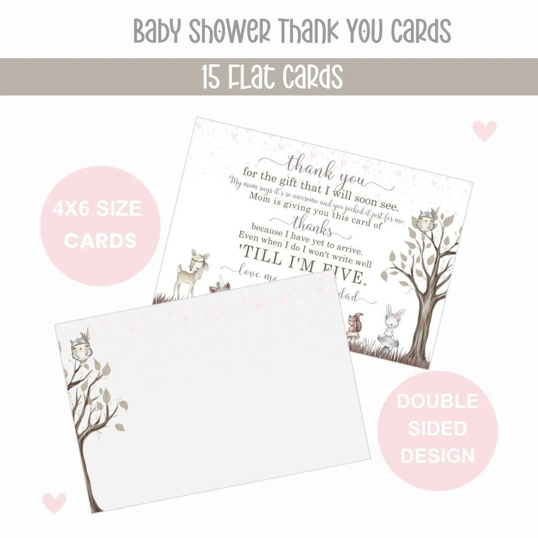 Girls Woodland Baby Shower Thank You Cards - 15 Pack Boho Chic Notecards with Pink Envelopes, 4x6 - Paper Clever Party