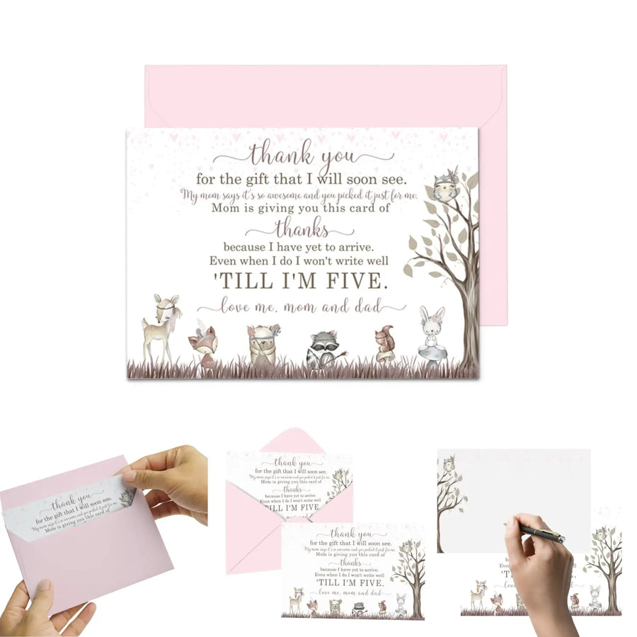 Girls Woodland Baby Shower Thank You Cards - 15 Pack Boho Chic Notecards with Pink Envelopes, 4x6 - Paper Clever Party