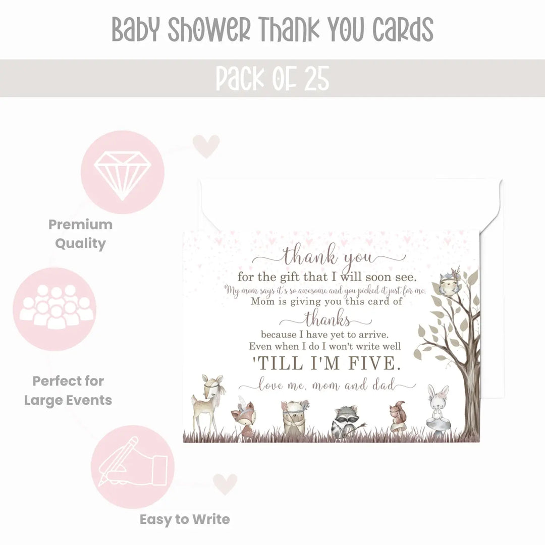 Girls Woodland Baby Shower Thank You Cards – Notecards with Envelopes (Pack of 25) - Paper Clever Party