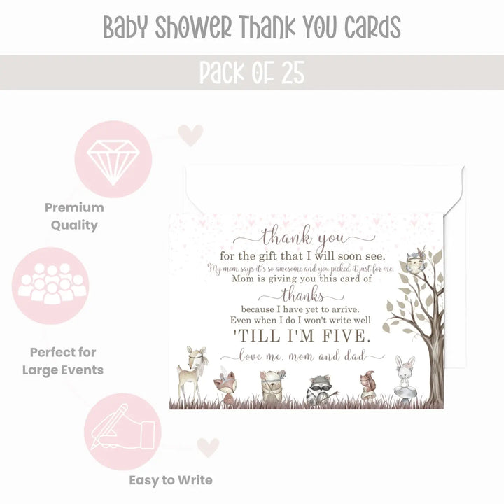 Girls Woodland Baby Shower Thank You Cards – Notecards with Envelopes (Pack of 25) - Paper Clever Party