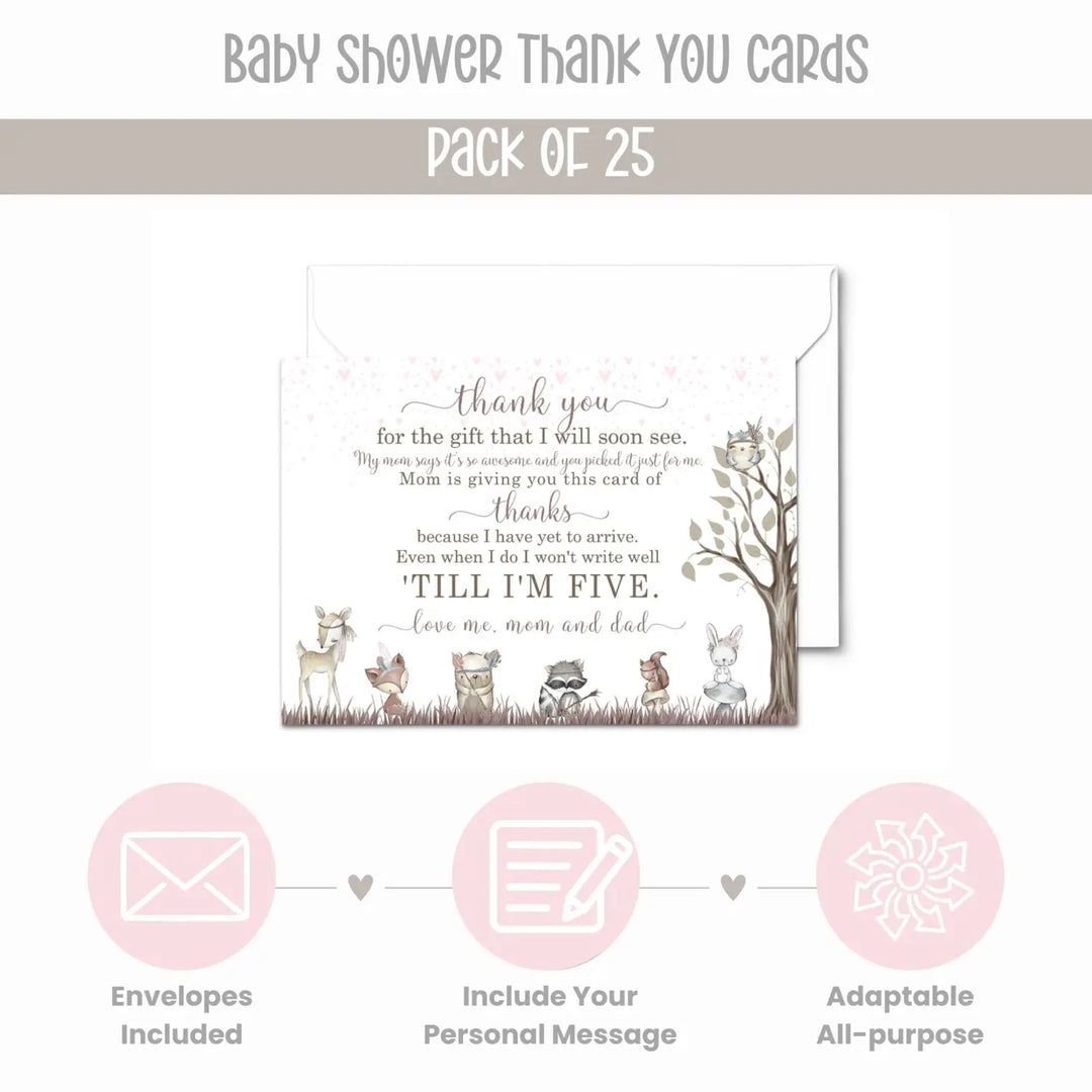 Girls Woodland Baby Shower Thank You Cards – Notecards with Envelopes (Pack of 25) - Paper Clever Party