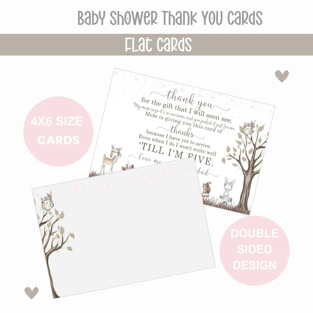 Girls Woodland Baby Shower Thank You Cards – Notecards with Envelopes (Pack of 25) - Paper Clever Party