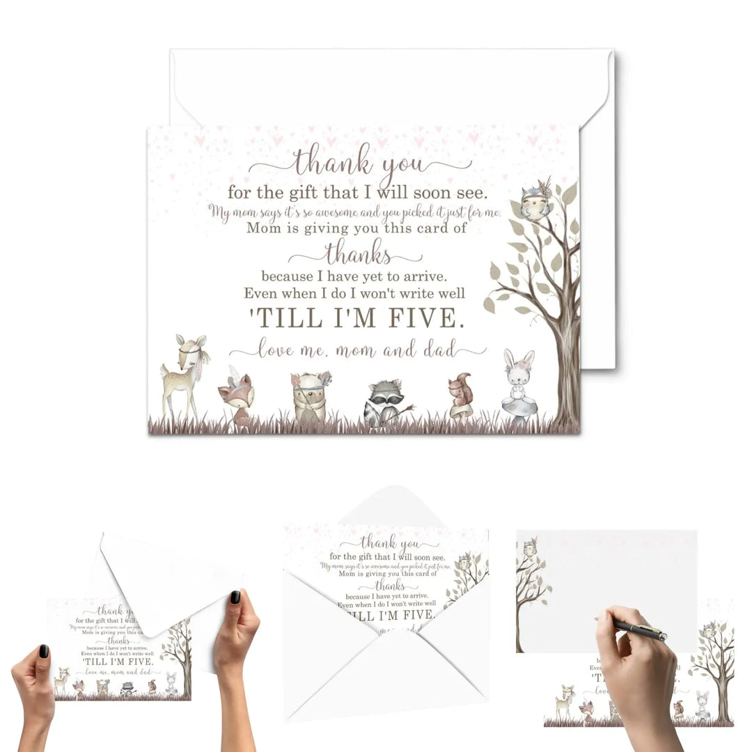 Girls Woodland Baby Shower Thank You Cards – Notecards with Envelopes (Pack of 25) - Paper Clever Party