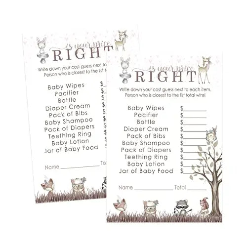 Girls Woodland Guess the Price Baby Shower Game, 25 Pack - Paper Clever Party