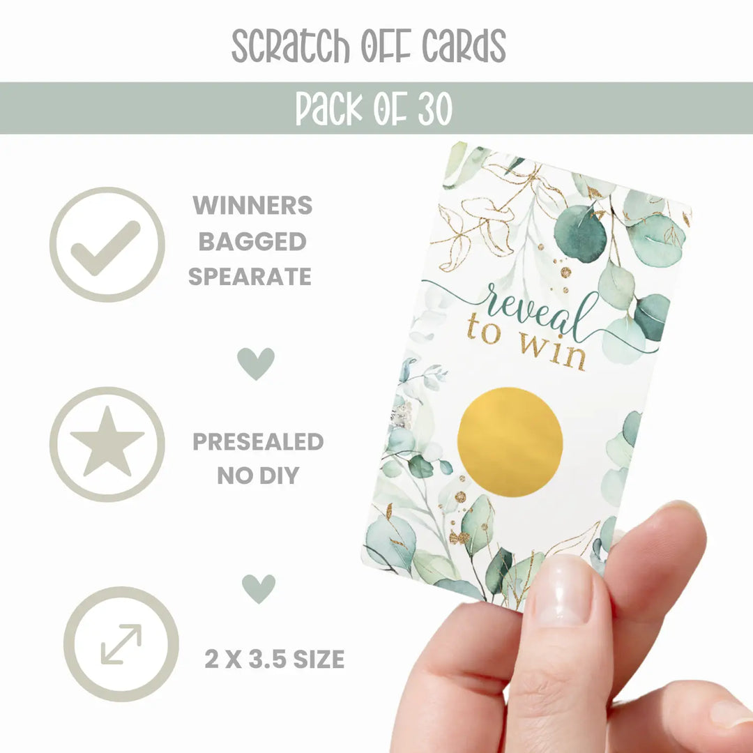 Gold & Greenery Scratch Off Game (30 Pack) - Rustic Floral, Ideal for Bridal & Baby Shower, Succulent Wedding Favors - Paper Clever Party