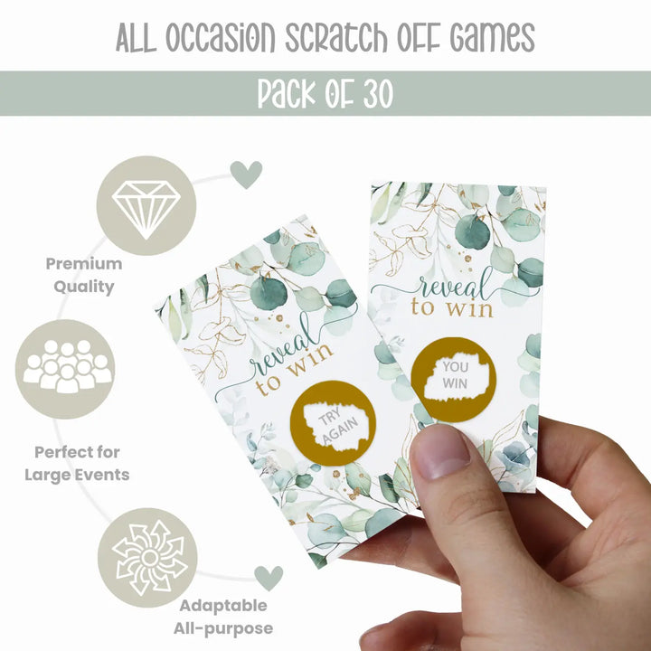 Gold & Greenery Scratch Off Game (30 Pack) - Rustic Floral, Ideal for Bridal & Baby Shower, Succulent Wedding Favors - Paper Clever Party