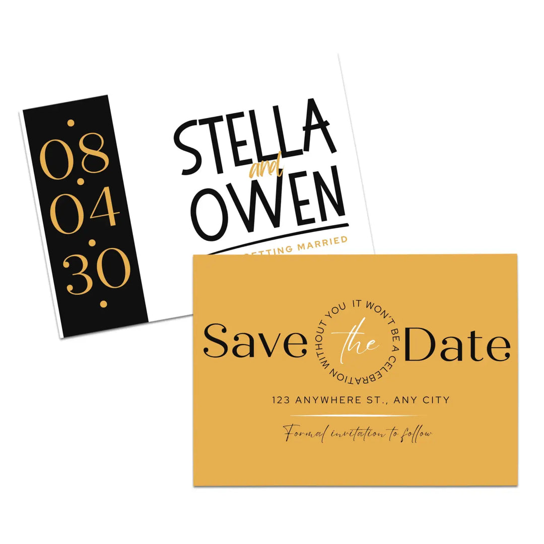 Custom Gold and Black Save the Date Cards - Personalized 4x6 Inch Invitations with Elegant Typography and White Envelopes - Perfect for Weddings, Birthdays, and Showers