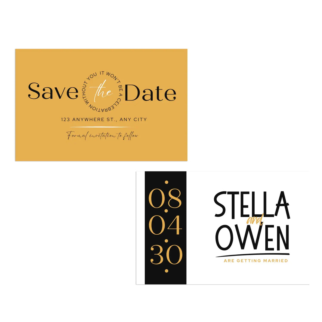 Custom Gold and Black Save the Date Cards - Personalized 4x6 Inch Invitations with Elegant Typography and White Envelopes - Perfect for Weddings, Birthdays, and Showers