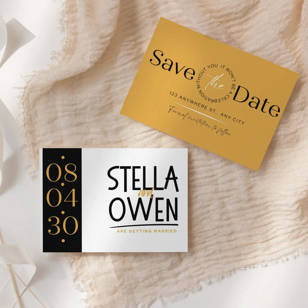 Custom Gold and Black Save the Date Cards - Personalized 4x6 Inch Invitations with Elegant Typography and White Envelopes - Perfect for Weddings, Birthdays, and Showers