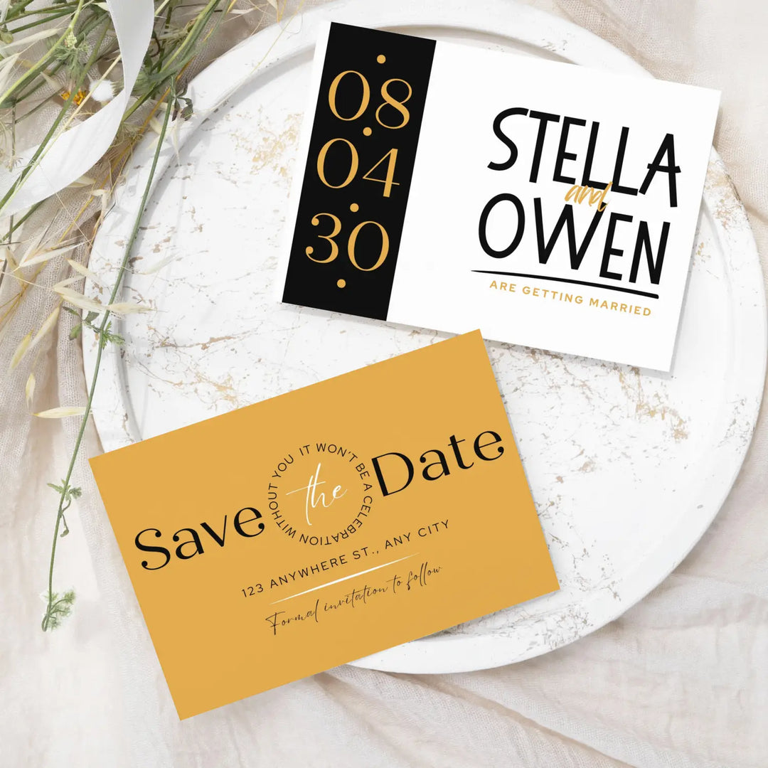 Custom Gold and Black Save the Date Cards - Personalized 4x6 Inch Invitations with Elegant Typography and White Envelopes - Perfect for Weddings, Birthdays, and Showers