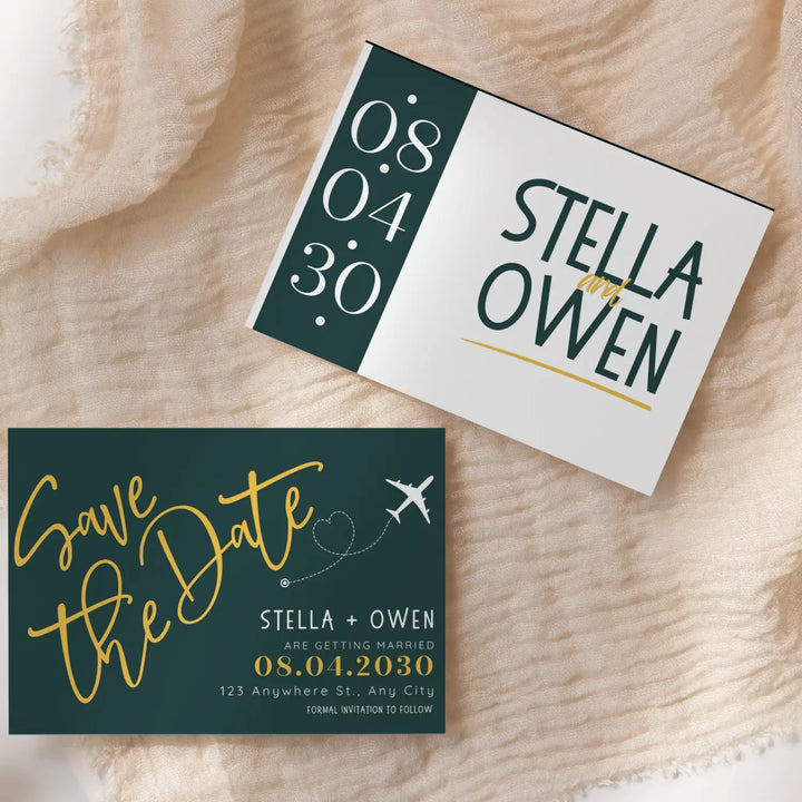 Custom Hunter Green and Gold Save the Date Cards - Personalized 4x6 Inch Invitations with Elegant Typography and White Envelopes - Perfect for Weddings, Birthdays, and Showers