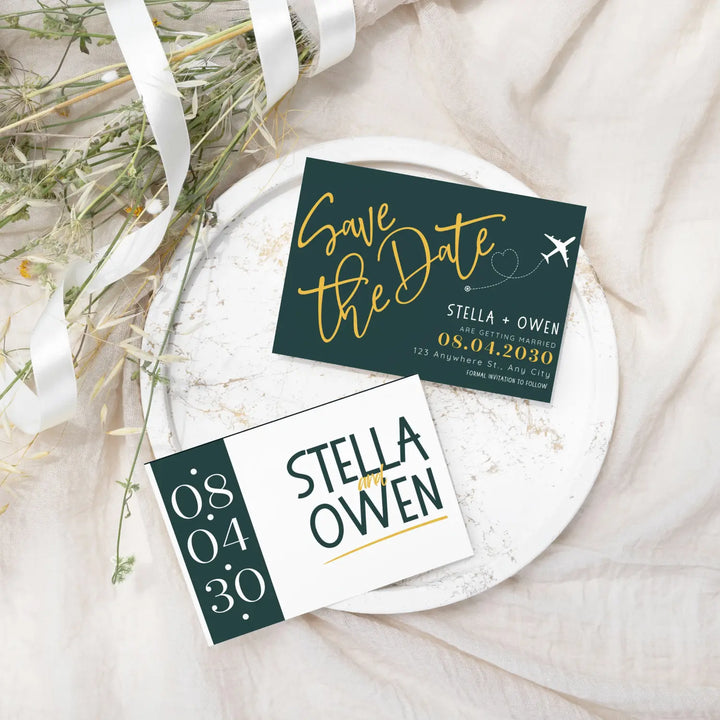 Custom Hunter Green and Gold Save the Date Cards - Personalized 4x6 Inch Invitations with Elegant Typography and White Envelopes - Perfect for Weddings, Birthdays, and Showers