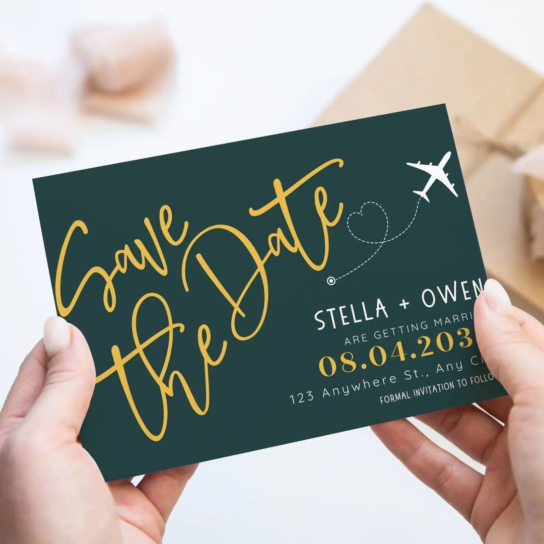 Custom Hunter Green and Gold Save the Date Cards - Personalized 4x6 Inch Invitations with Elegant Typography and White Envelopes - Perfect for Weddings, Birthdays, and Showers