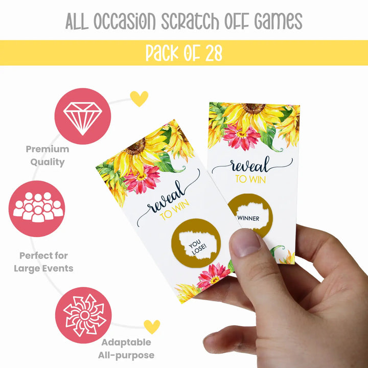 Golden Sunflower Scratch-Off Game Cards (28 Pack) - Autumn Floral, Girls Baby Shower, Country Wedding, Bridal Fun - Paper Clever Party