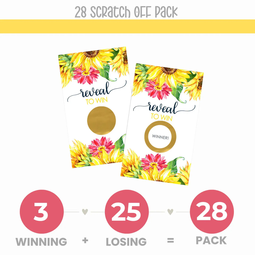 Golden Sunflower Scratch-Off Game Cards (28 Pack) - Autumn Floral, Girls Baby Shower, Country Wedding, Bridal Fun - Paper Clever Party