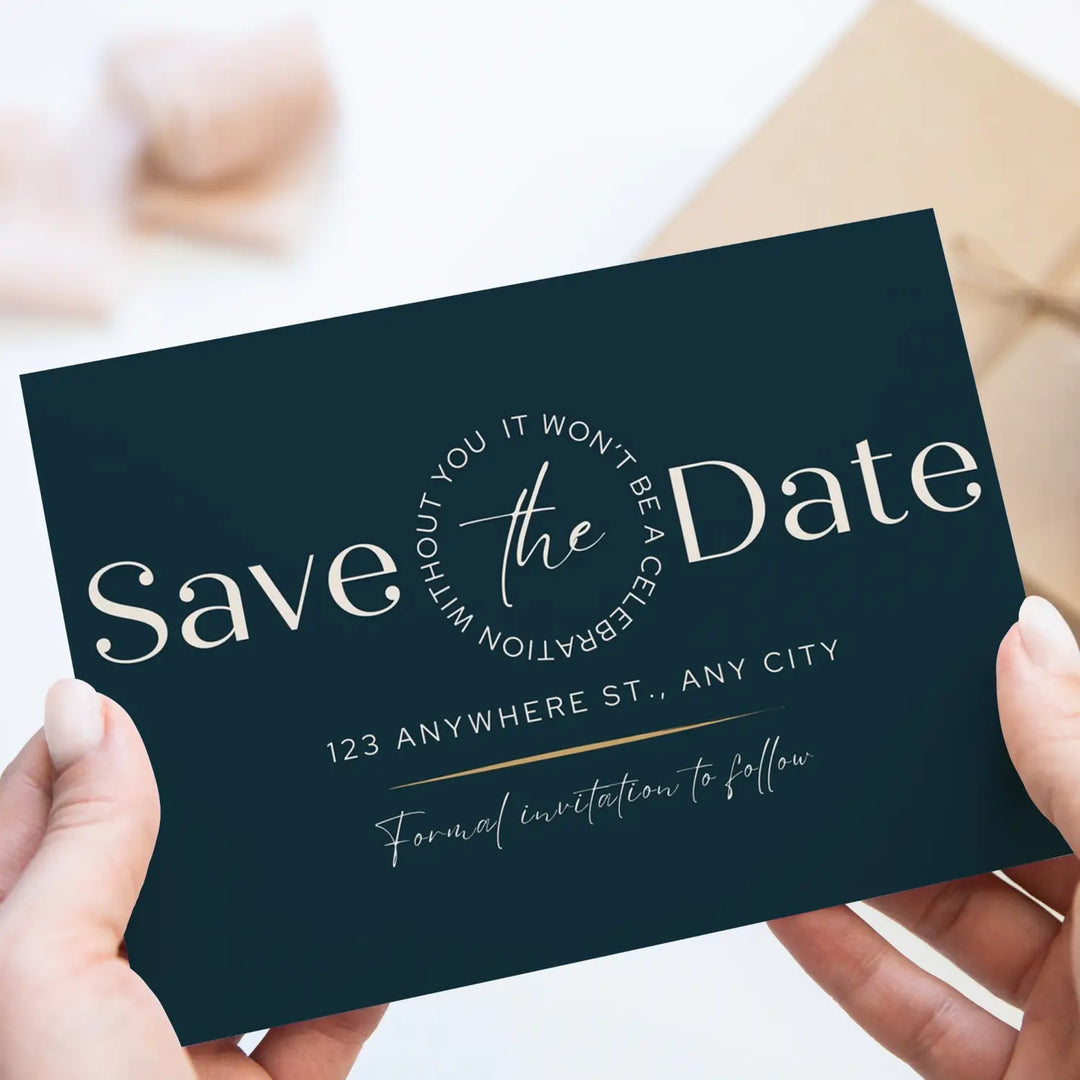 Custom Sandstone and Black Save the Date Cards - Personalized 4x6 Inch Invitations with Elegant Typography and White Envelopes - Perfect for Weddings, Birthdays, and Showers