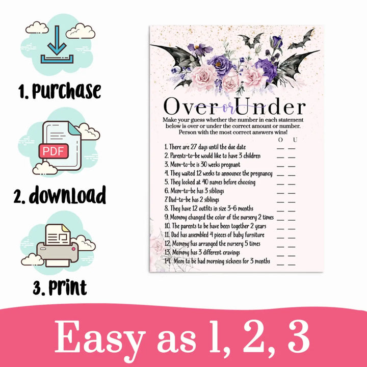 Gothic Baby Shower Game Over or Under Halloween Printable Digital Download - Paper Clever Party