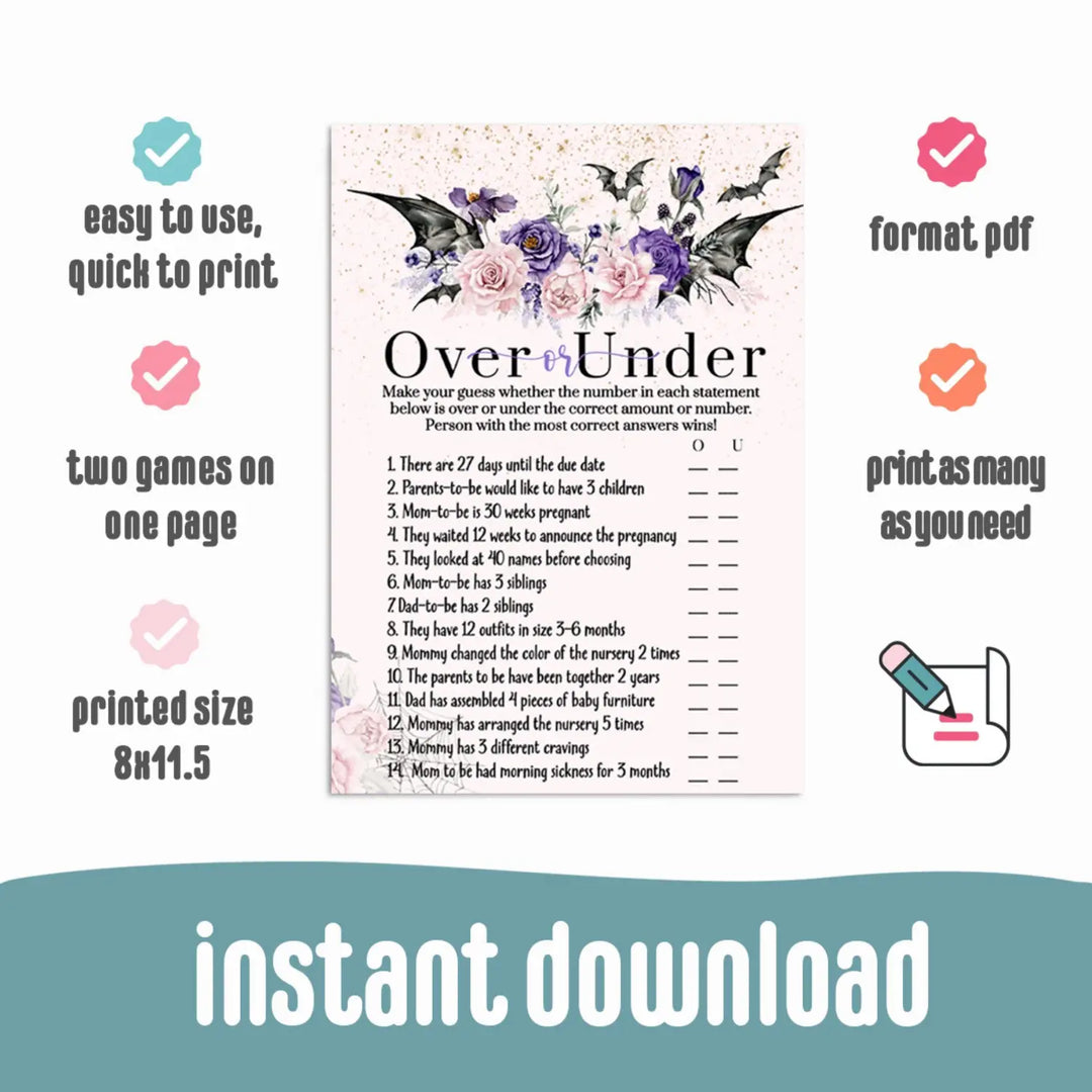 Gothic Baby Shower Game Over or Under Halloween Printable Digital Download - Paper Clever Party