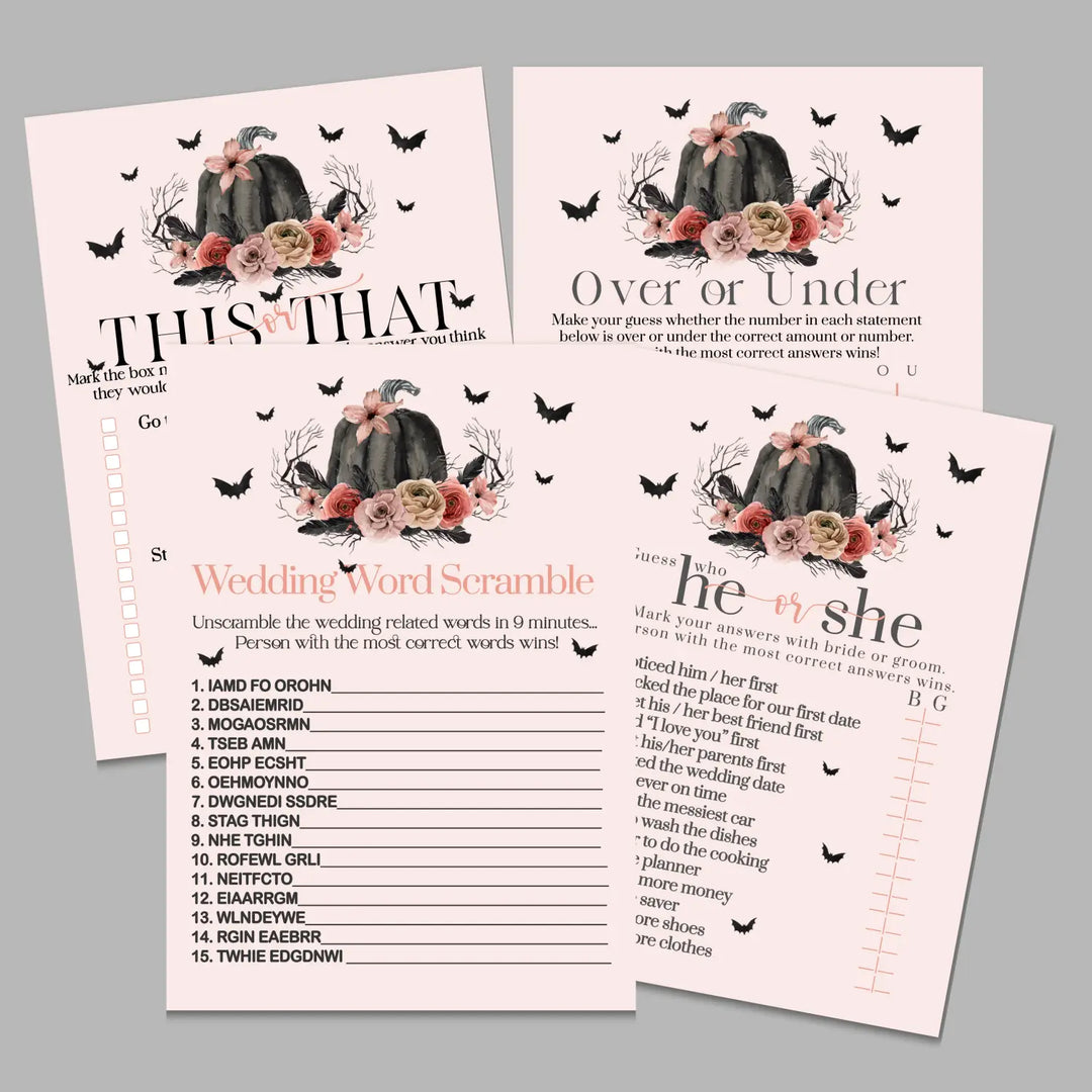 Gothic bridal shower game instant download 8 games blush and black printable fun for halloween wedding celebrations