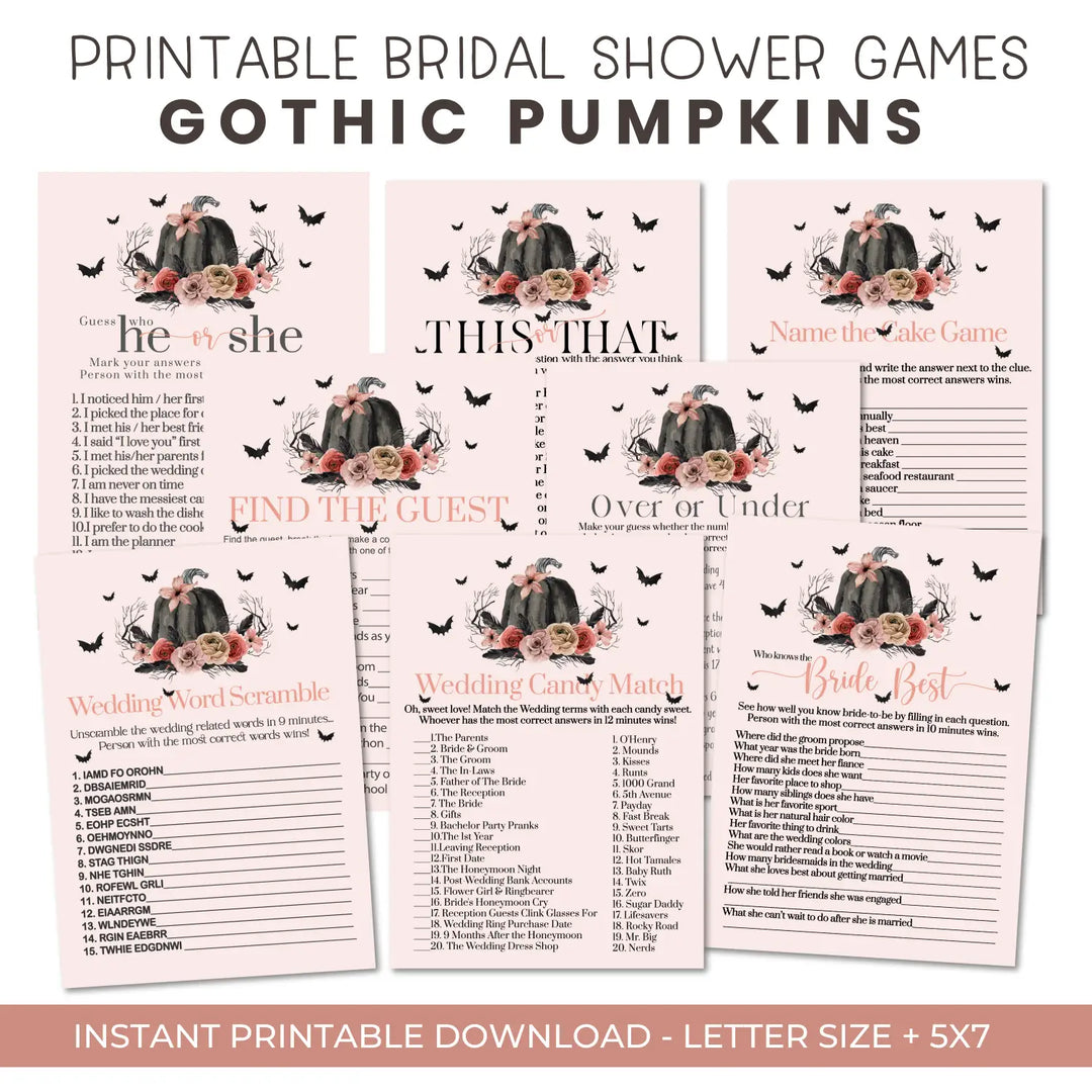 Gothic bridal shower game instant download 8 games blush and black printable fun for halloween wedding celebrations