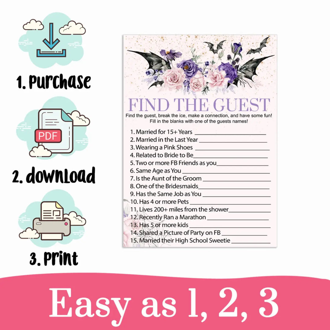 Gothic Find the Guest  Bridal Shower Game Printable Halloween Spooky Floral Pink - Paper Clever Party