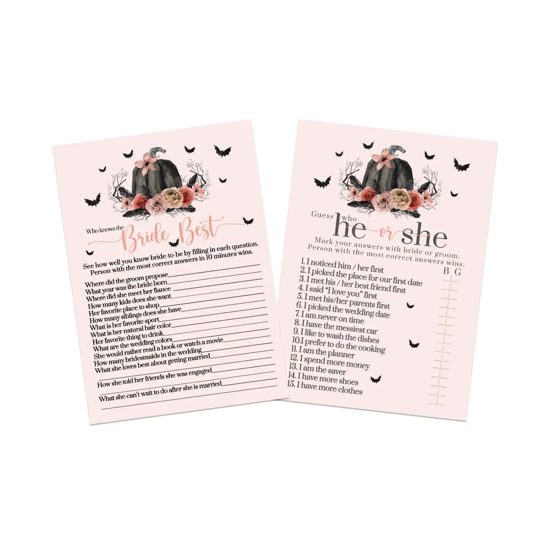 Gothic Glamour Bridal Shower Games | He or She Said & Bride Best | Halloween Fun | 25 Guests - Paper Clever Party