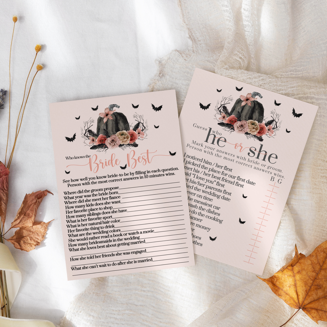 Gothic Glamour Bridal Shower Games | He or She Said & Bride Best | Halloween Fun | 25 Guests - Paper Clever Party