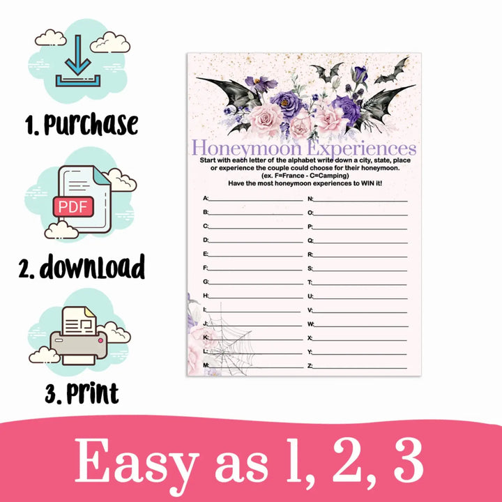 Gothic Honeymoon Experience Bridal Shower game Printable Download Halloween - Paper Clever Party