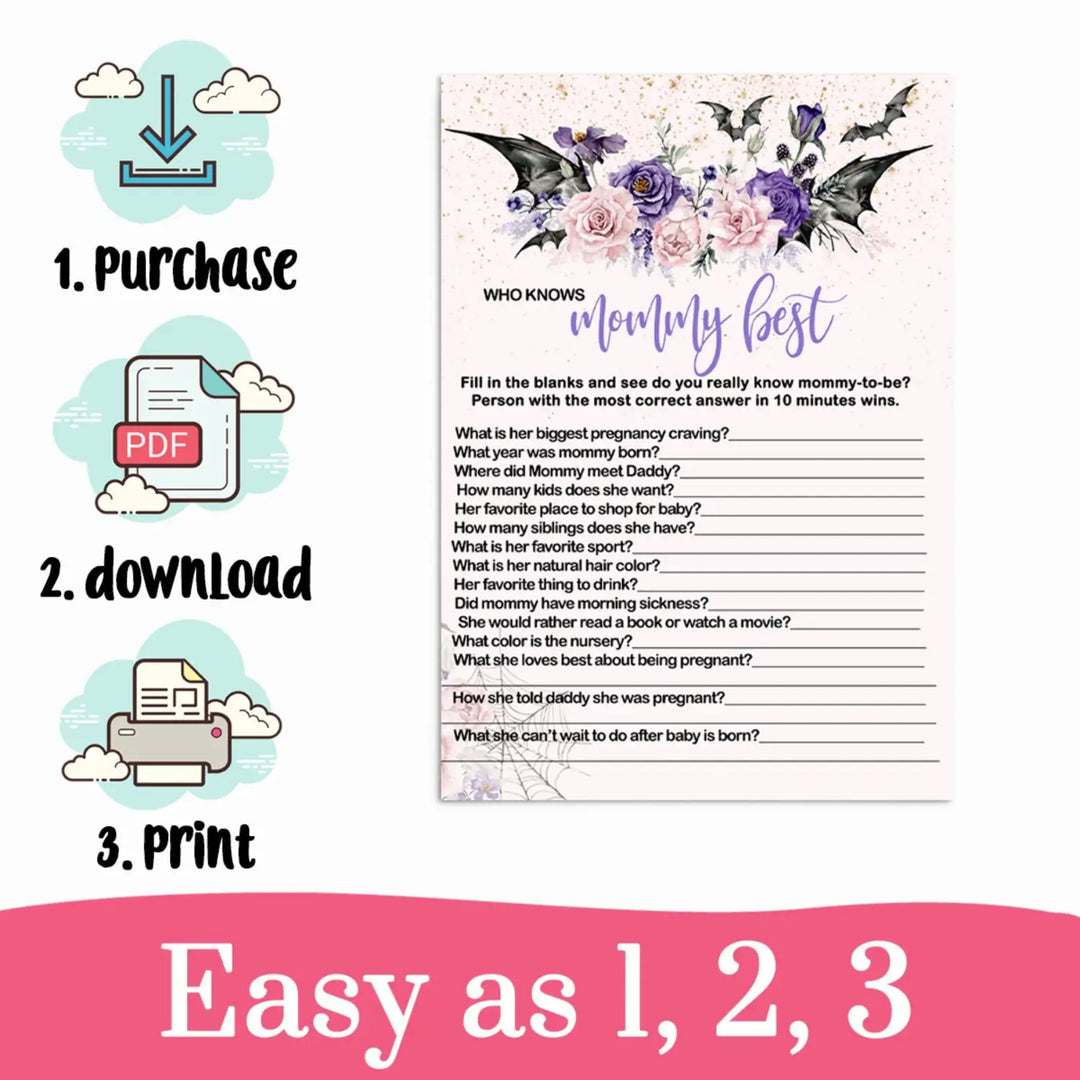 Gothic Who Knows the Mommy Best Baby Shower Game  Printable PDF  Instant Digital Download for DIY Fun Spooky Halloween Pink - Paper Clever Party