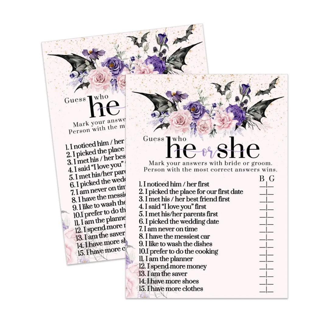 Gothic He or She Said Bridal Shower Game Printable Download Halloween Floral Pink - Paper Clever Party