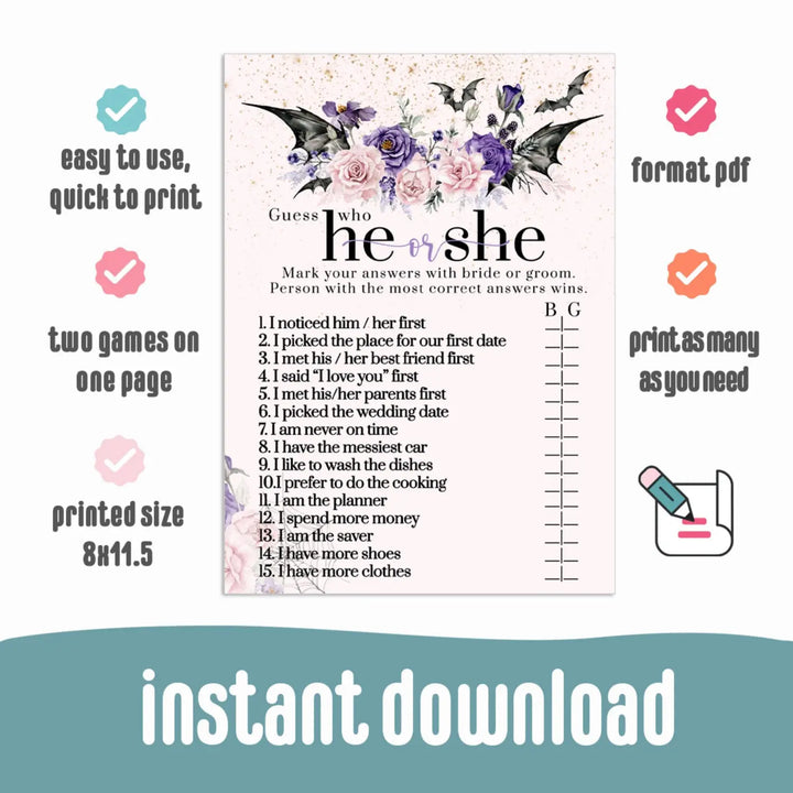 Gothic He or She Said Bridal Shower Game Printable Download Halloween Floral Pink - Paper Clever Party