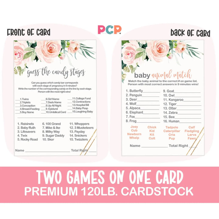 Graceful Baby Shower Game Set, Rustic Pink Floral Greenery, Animal Match and Candy Bar Guessing - Paper Clever Party