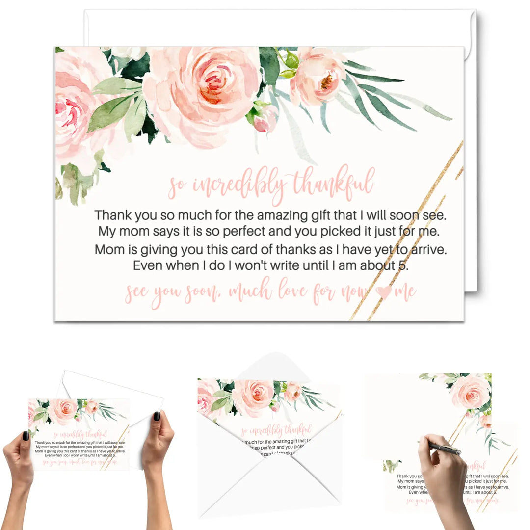 Graceful Floral Baby Shower Thank You Cards for Girls – Notecards (Pack of 25) - Paper Clever Party