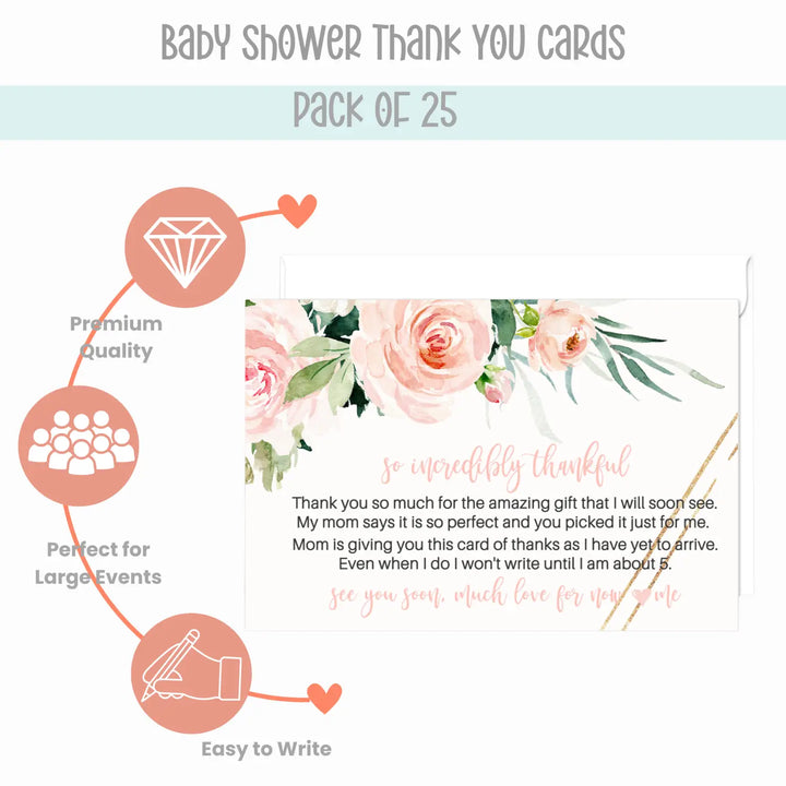 Graceful Floral Baby Shower Thank You Cards for Girls – Notecards (Pack of 25) - Paper Clever Party