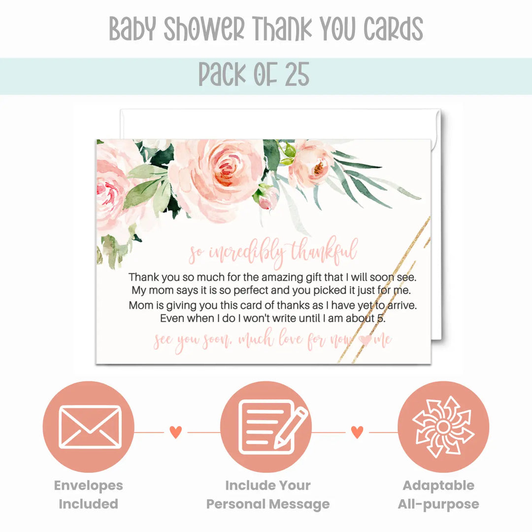 Graceful Floral Baby Shower Thank You Cards for Girls – Notecards (Pack of 25) - Paper Clever Party