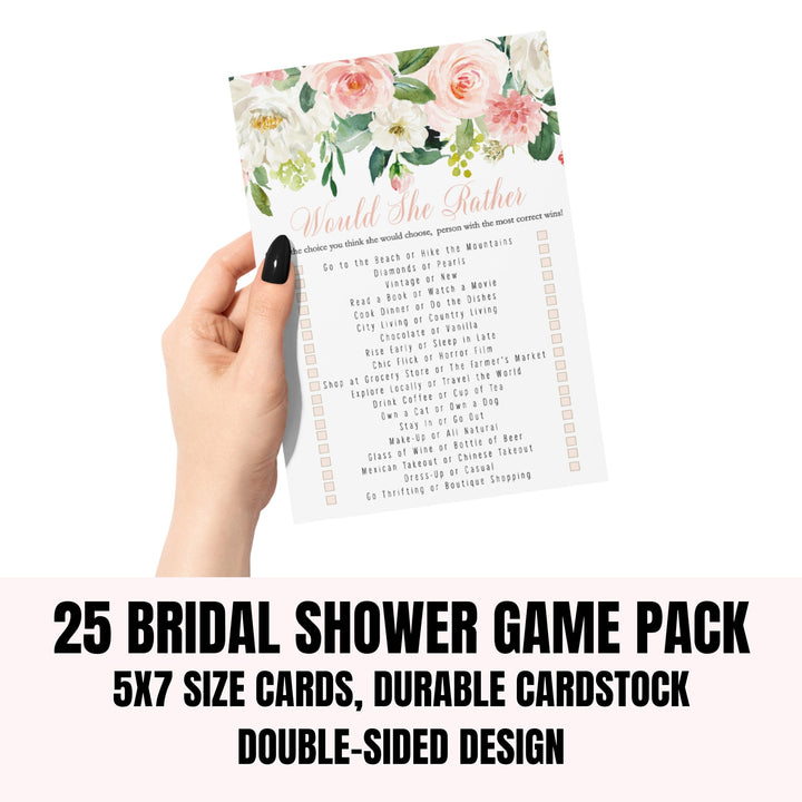 Graceful Floral Bridal Shower Game Would She Rather Birthday Girl, Bride Best Wedding Activity Engagement Party, Pink and Gold, 5x7 Cards, 25 Guests - Paper Clever Party