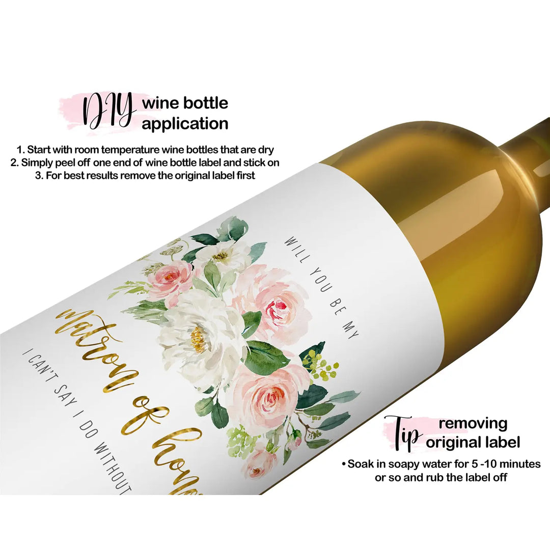 Graceful Floral Bridesmaid Wine Labels by Paper Clever - 12 Pack - Creative Wedding Party Invites - Paper Clever Party