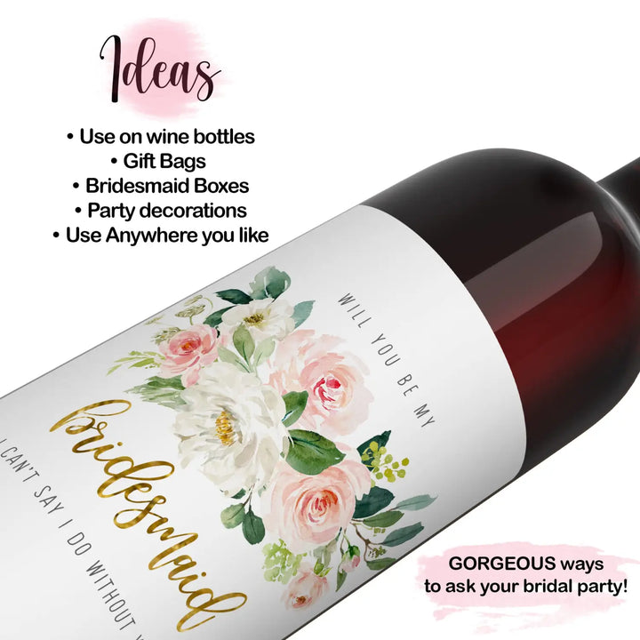 Graceful Floral Bridesmaid Wine Labels by Paper Clever - 12 Pack - Creative Wedding Party Invites - Paper Clever Party