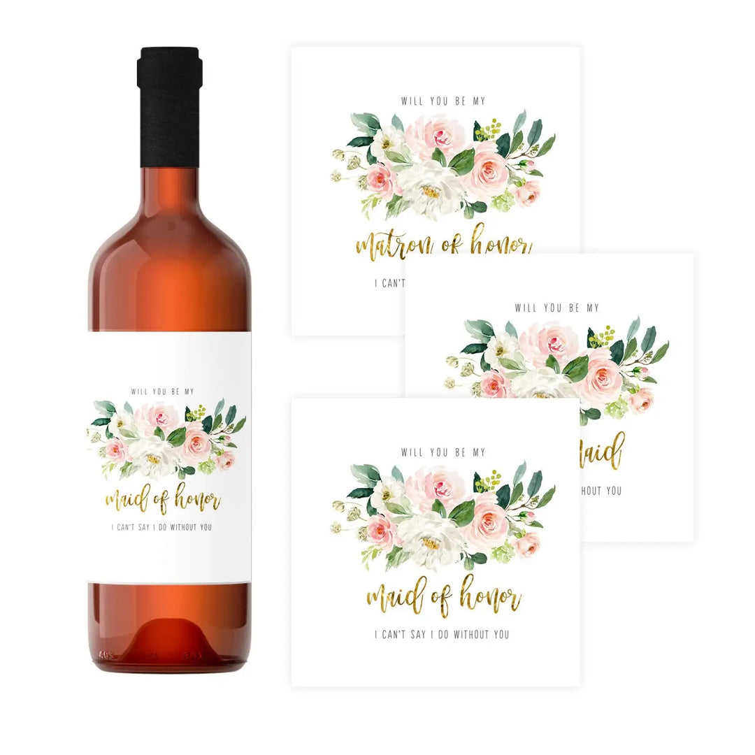 Graceful Floral Bridesmaid Wine Labels by Paper Clever - 12 Pack - Creative Wedding Party Invites - Paper Clever Party