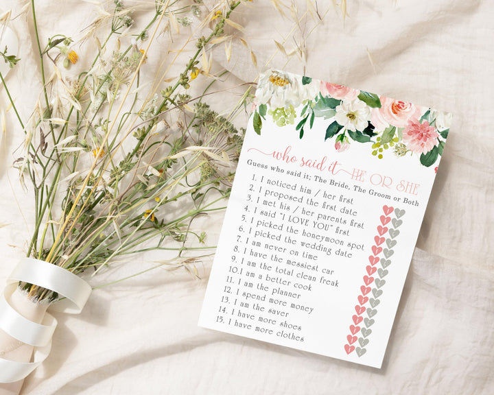 Graceful Floral He or She Said Bridal Shower Game - Greenery Blush and Gold Cards, 5x7 for 25 Guests - Paper Clever Party