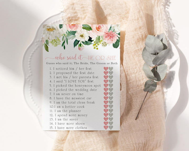 Graceful Floral He or She Said Bridal Shower Game - Greenery Blush and Gold Cards, 5x7 for 25 Guests - Paper Clever Party