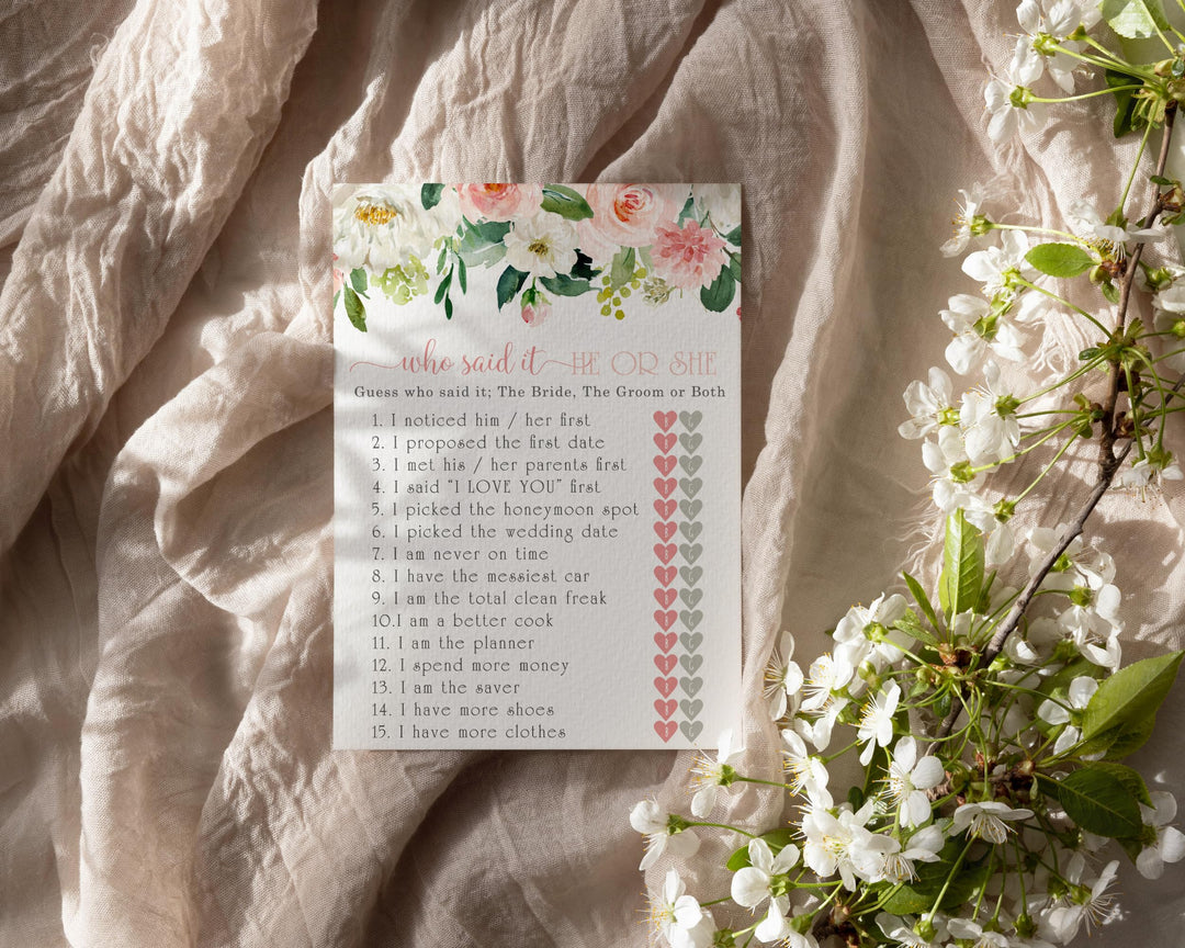 Graceful Floral He or She Said Bridal Shower Game - Greenery Blush and Gold Cards, 5x7 for 25 Guests - Paper Clever Party