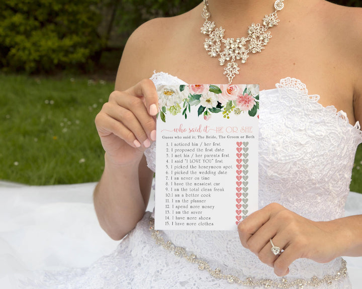 Graceful Floral He or She Said Bridal Shower Game - Greenery Blush and Gold Cards, 5x7 for 25 Guests - Paper Clever Party