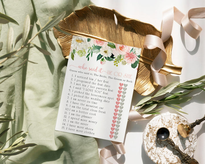 Graceful Floral He or She Said Bridal Shower Game - Greenery Blush and Gold Cards, 5x7 for 25 Guests - Paper Clever Party