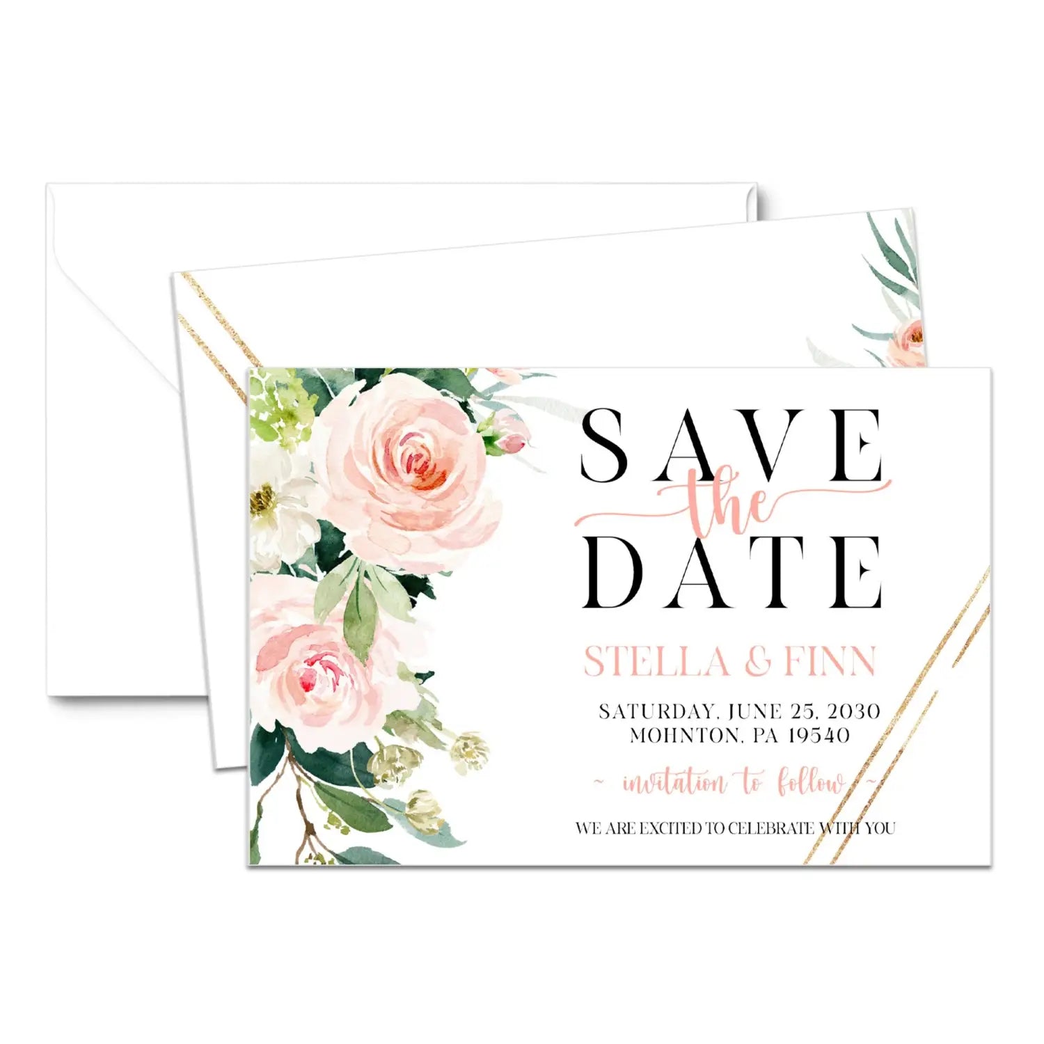 Graceful custom save the date cards 3.5x5 & 4bar sizes printable printed options wedding event announcements fast