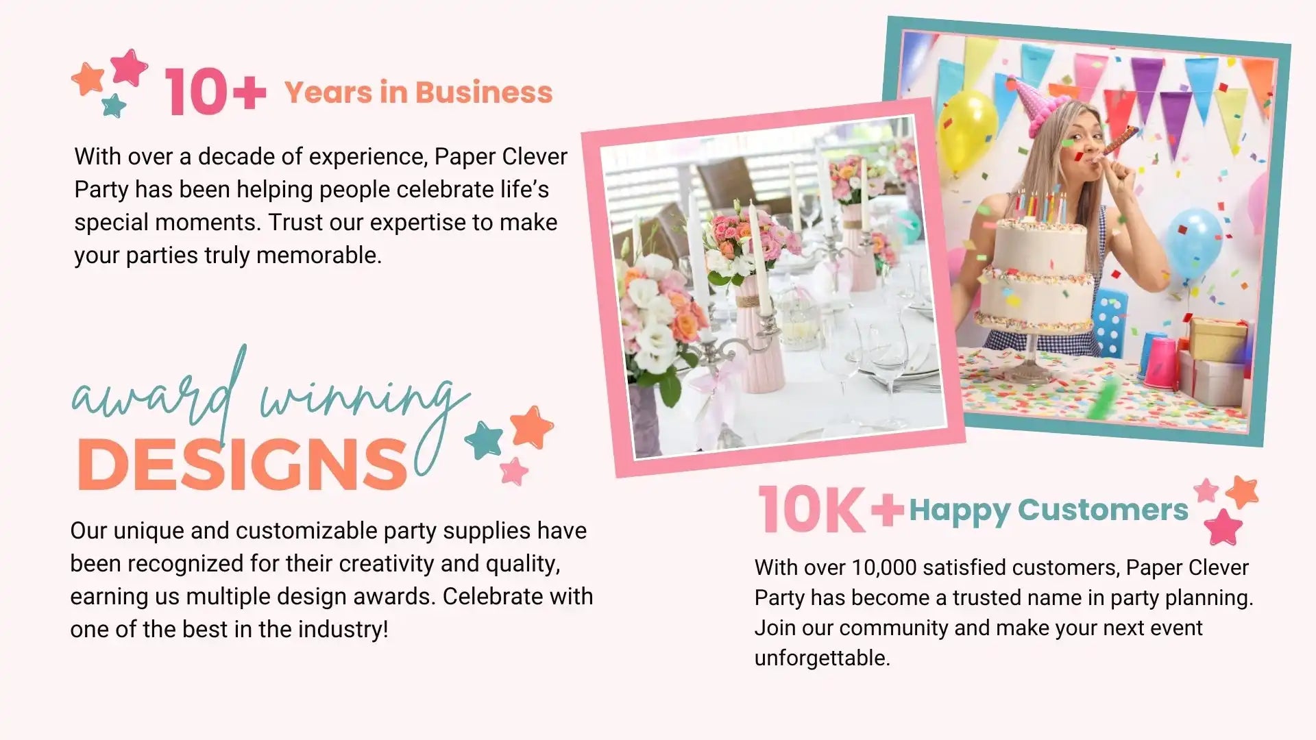 Marketing graphic showcasing business achievements including 10+ years experience and 10K+ customers for a party planning company.